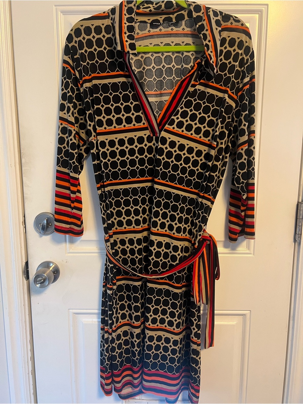 Black and Orange Geometric Wrap Dress - Women's